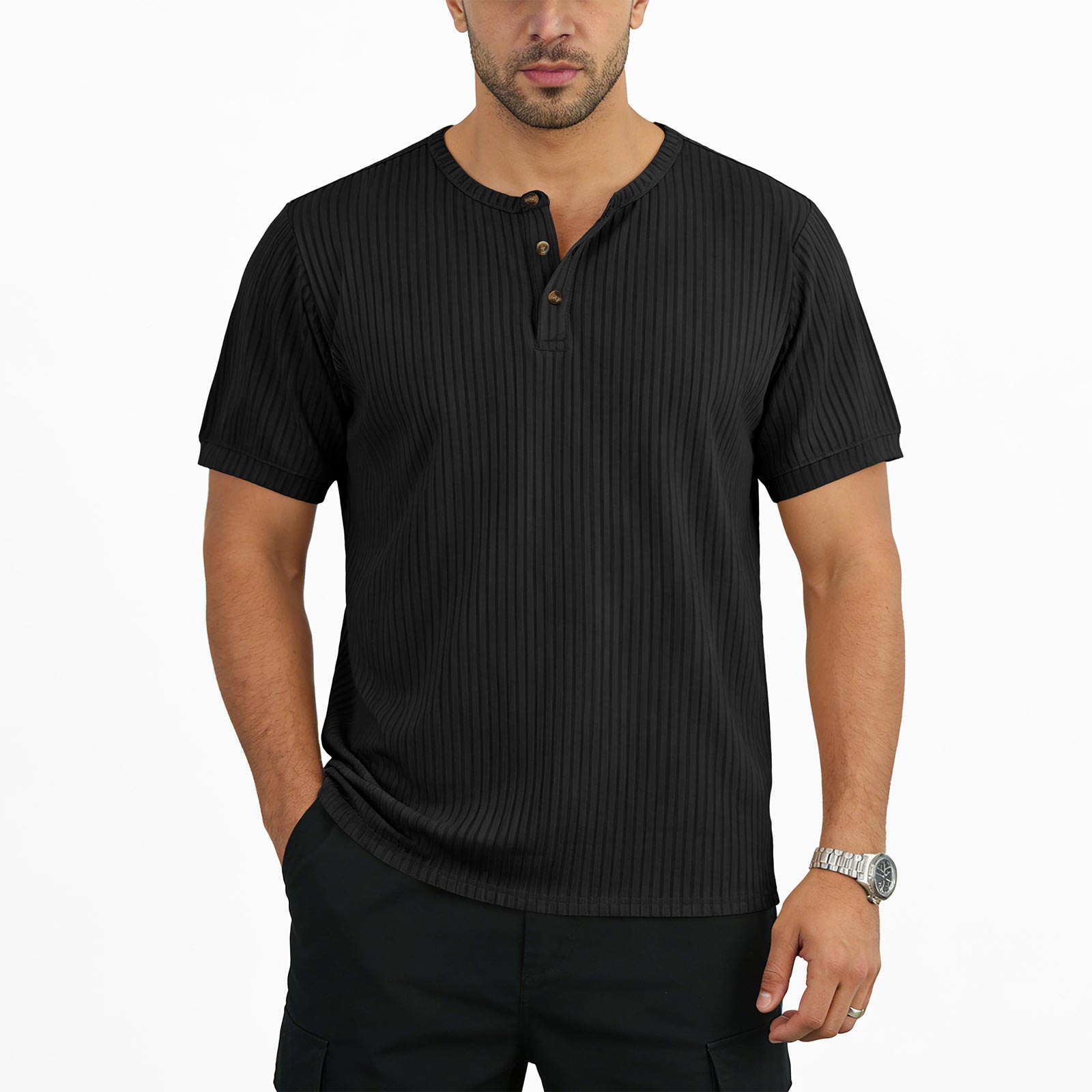 Мужская летняя футболка-henley с коротким рукавом, фактура в рубчик, на пуговицах, повседневная, дышащая, легкая L