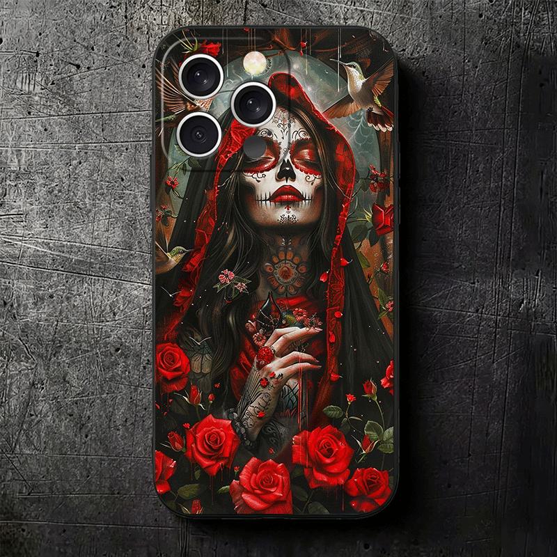 Catrina Beautiful Rose Girl Skull Soft Phone Case for iPhone 16 16E 17 Air 15 Pro Max 14 Plus 13 Mini 11 12 7 Black Cover Back S