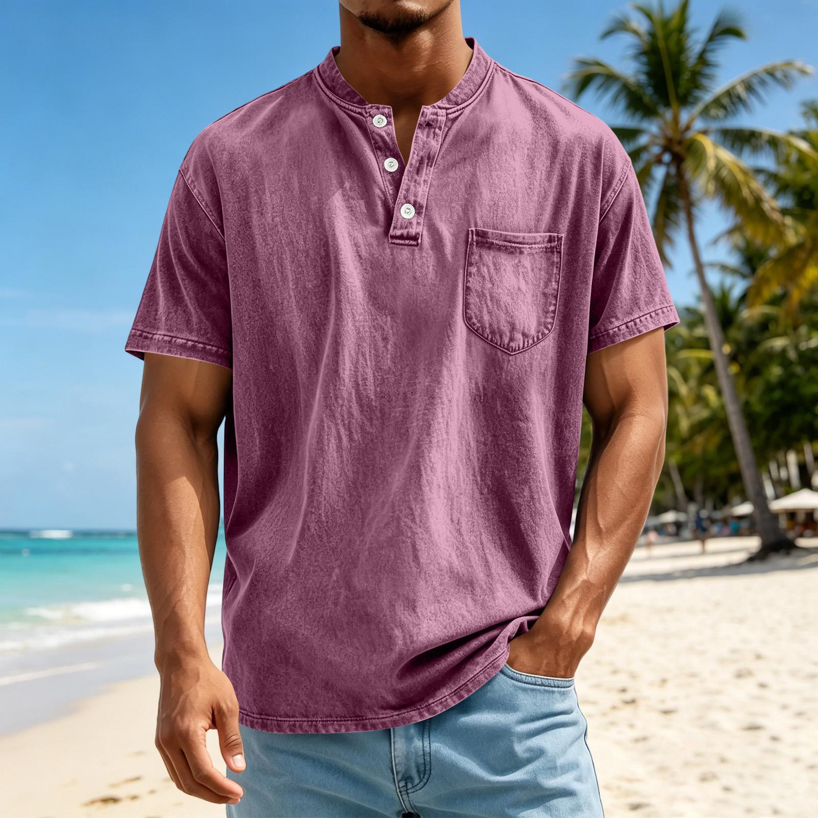 Fayshowing Casual Heren Henley Shirt met Korte Mouwen en Borstzak Losse Pasvorm Lichtgewicht Katoen Knopen Design Top voor Dagelijks Gebruik L warm roze kleur