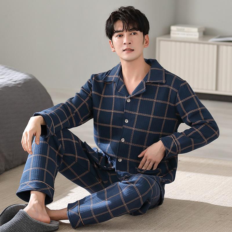 Air cotton sandwich pajamas men's autumn and winter thickened pure cotton long-sleeved men's winter thin padded large-size loungewear