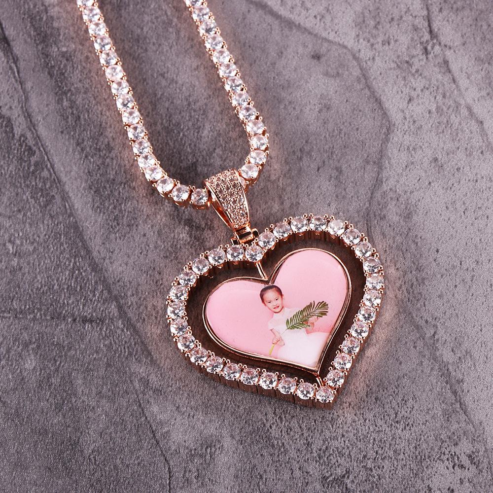 Rotatable Double-Sided Heart Photo Pendant Necklace with Zirconium Inlay - Yunyi Jewelry