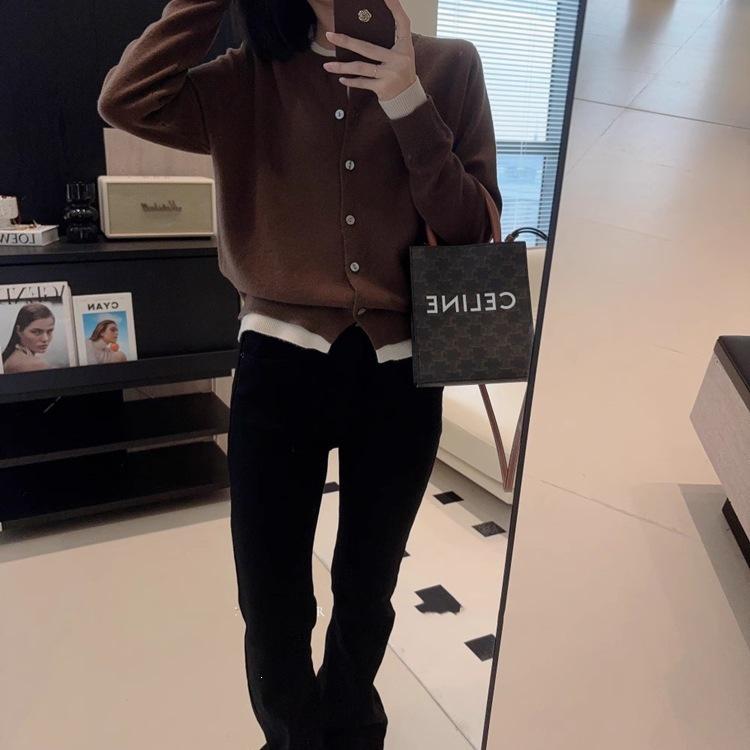 Women's French Patchwork Color Block Wool Knit Cardigan - Loose Layering Sweater Coat