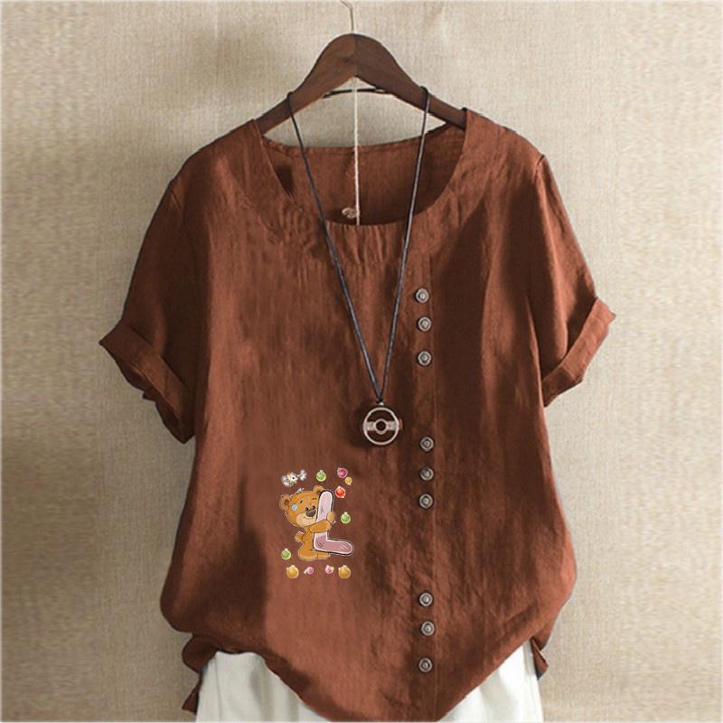 Women's Fashion Bear Hugging L Prined Round Neck Short Sleeve T-shirt Casual Cotton Linen Graphic Shirt Leisure Loose Summer Blouse Tops