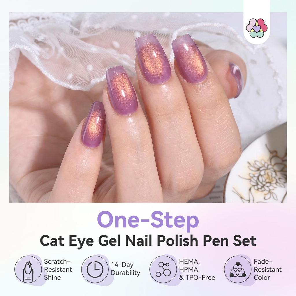 SAVILAND Cat Eye Gel Nail Polish Pen Salon for Home 6 Colors One-Step Set, 3-in-1 Portable, Magnetic, Quality, & Travel,