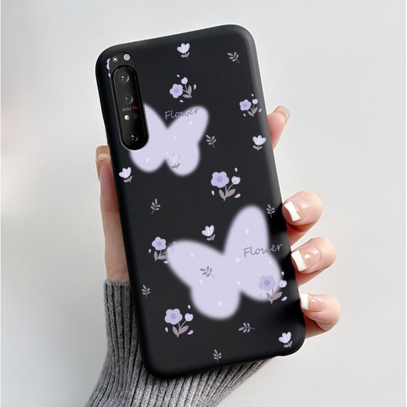 Hülle für Sony Xperia 1 II 1 III Luxus Mode Schmetterling Blume Schwarzes Silikon TPU Weiche Handyhülle für Sony 1II 1III Rückseite