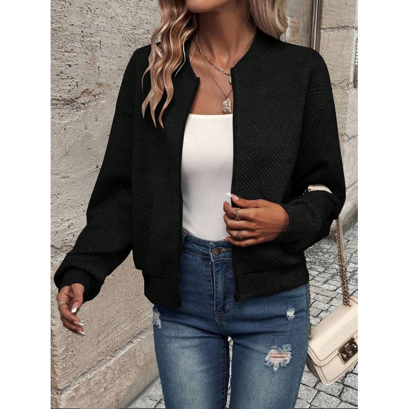 

Amazon Cross-Border Foreign Trade 2025 Autumn and Winter New Solid Zip-up Jacket Baseball Collar Leisure Outerwear Women Coat Black S