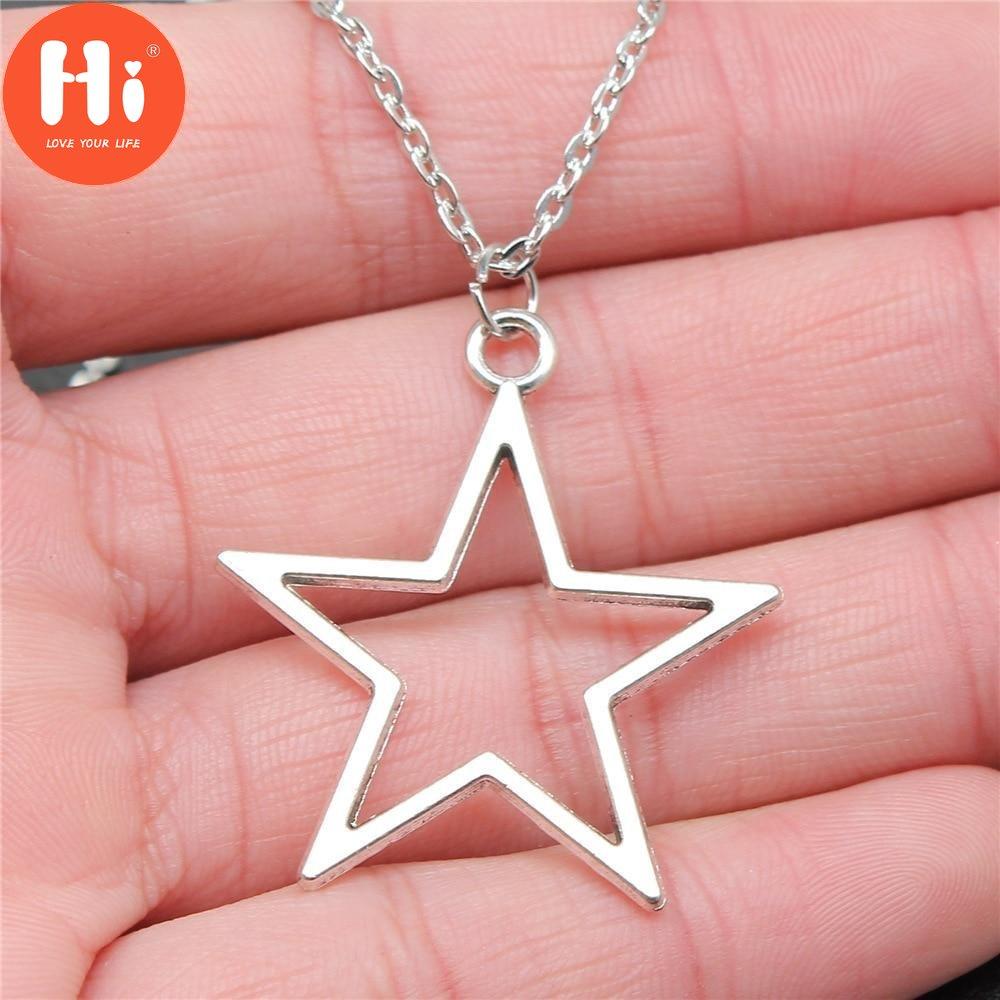 Hi New Simple Vintage Antique Silver Color Hollow Star Pendant Necklace for Women Girls Fashion Five-pointed Star Jewelry