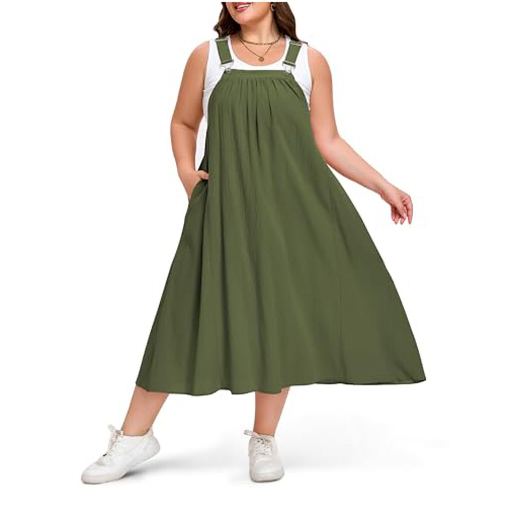 Plus Size  Overall Dress For Women Adjustable Strap Jumper Dress With Pockets Casual A-Line Maxi Dress