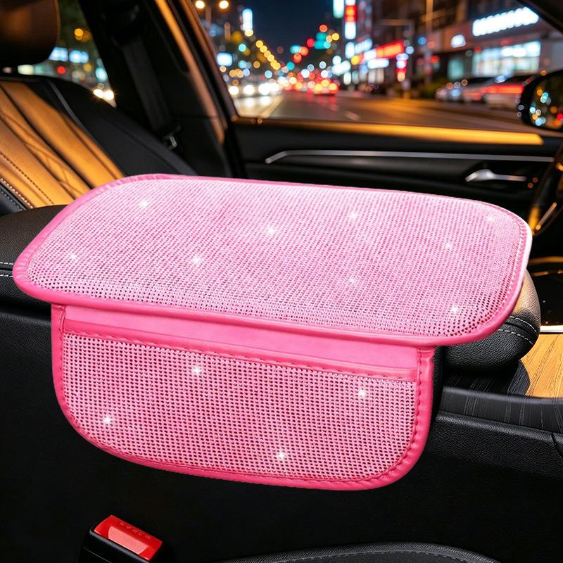 Bling Car Armrest Box Cushion With Side Phone Pocket Rhinestones Auto Center Console Protector Pad For Women Interior Accessorie