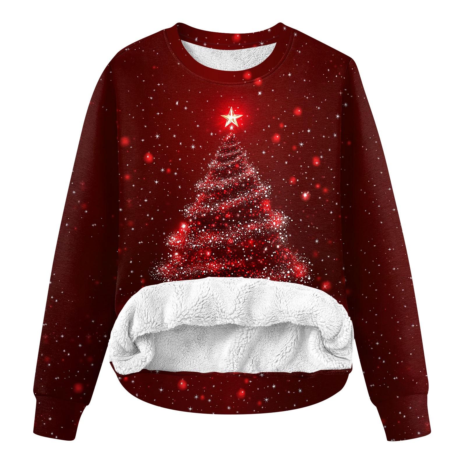 

Женская повседневная модная толстовка с круглым вырезом и зимним рождественским принтом из плюша XXL винный