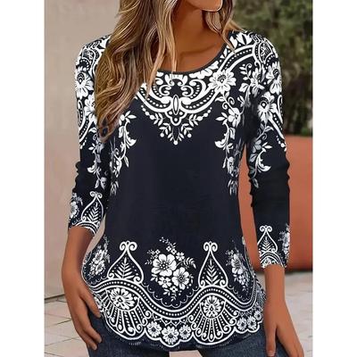 Women's Casual T-shirt 3D Printed Ethnic Style Vintage Prints Round Neck Retro Elegant Long Sleeves Women's Fashion Pullover Long Sleeve Tops