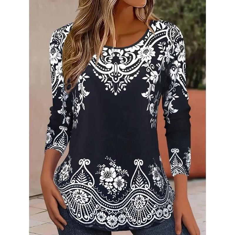 Women's Casual T-shirt 3D Printed Ethnic style vintage prints Round Neck Retro Elegant Long Sleeves Women's Fashion Pullover Long Sleeve Tops