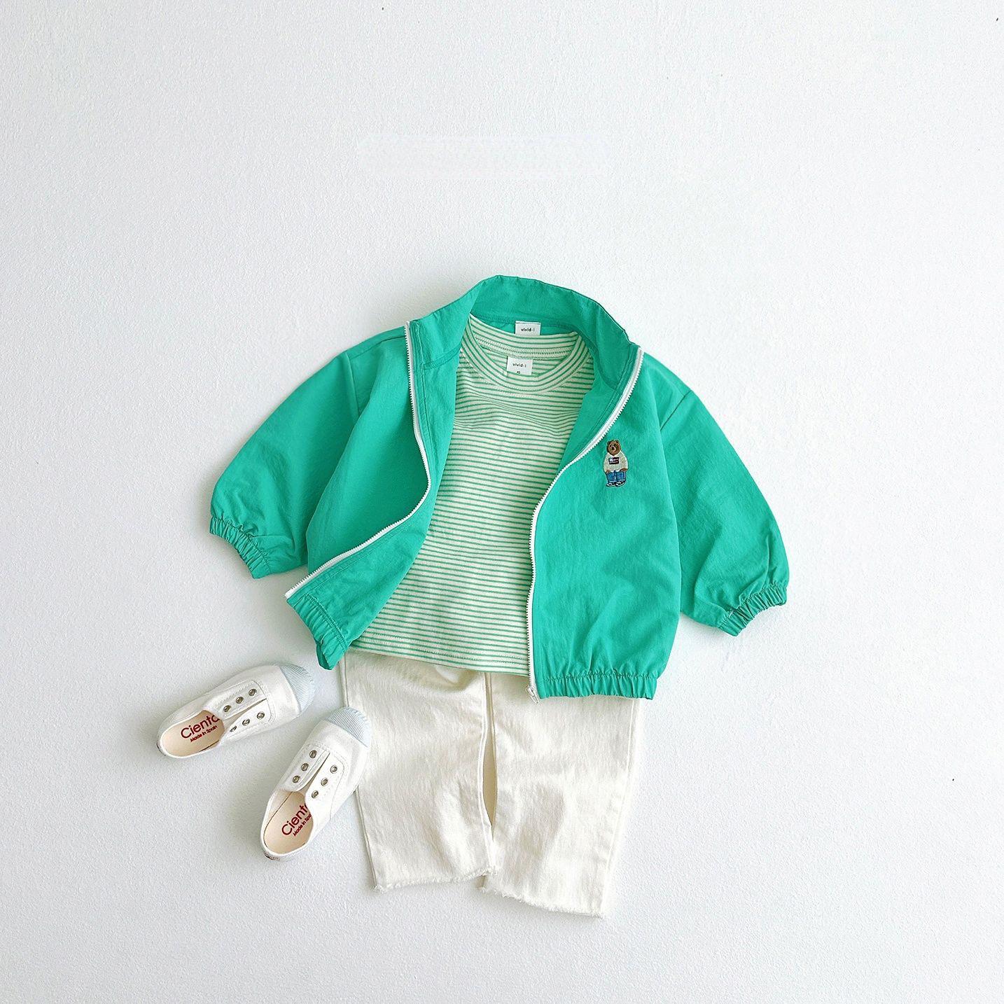 

Летняя куртка для корейских детей - Защита от солнца с мультяшным медведем, Легкая и на молнии для детей 80 cm зелёный