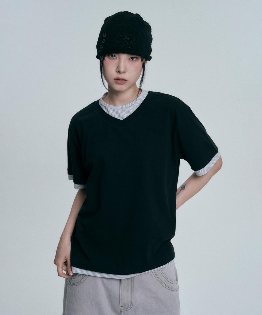 MOO Layered V-Neck Short Sleeve T-Shirt - Black
