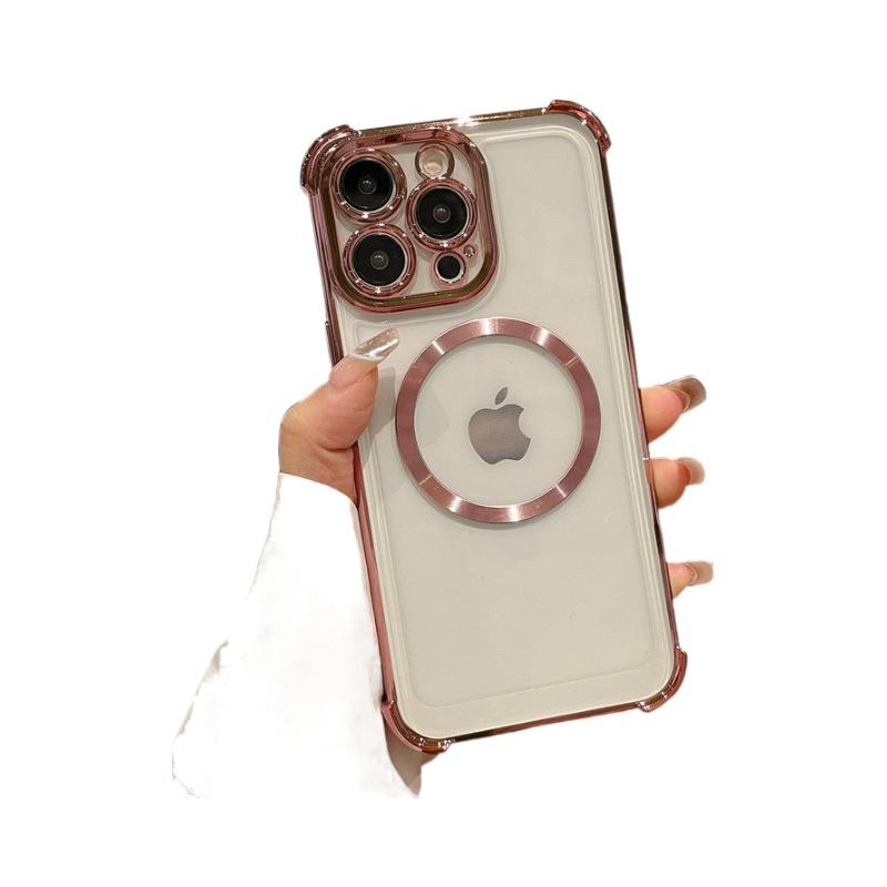 For Apple 16PRO Four Corner Anti Drop Plated Phone Case for IPhone 11/13 Solid Color CD Pattern Magnetic Protective Cover