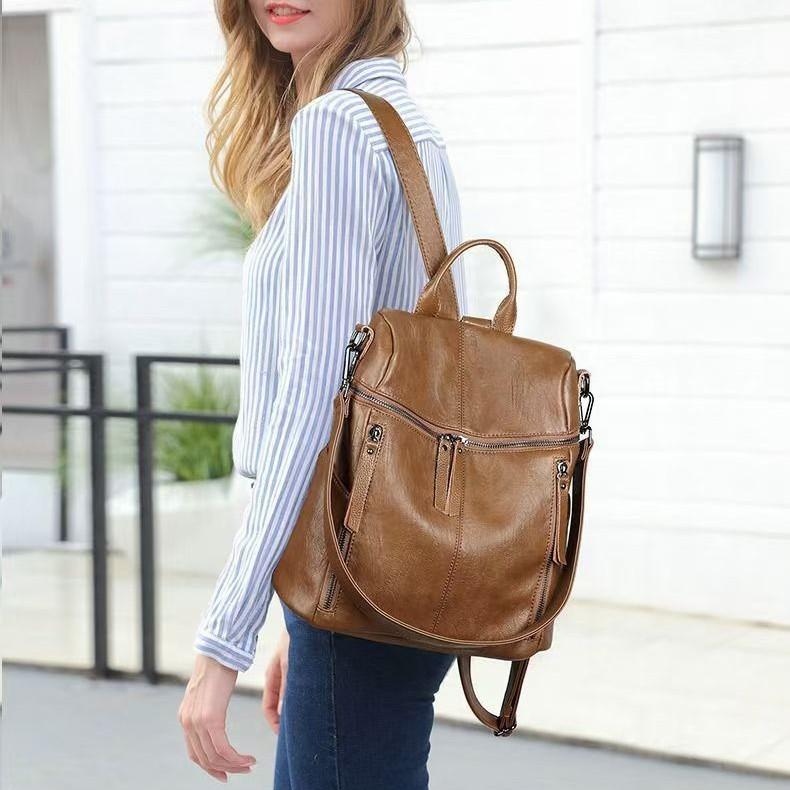 

Рюкзак из мягкой лоскутной кожи, Универсальная дорожная сумка большой вместимости в корейском стиле, Рюкзак в школьном стиле коричневый