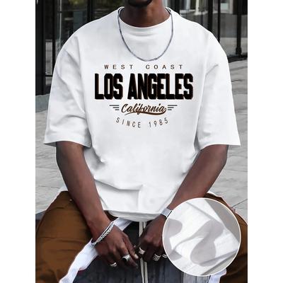 Summer Men's 100% Cotton Comfortable Casual Loose Plus Size LOS ANGELES Printed Sports Round Neck Short Sleeved T-shirt Top