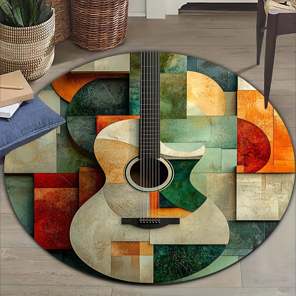 Flannel Printed Round Rug With Abstract Guitar Design For Home Decor Soft Floor Mat Music Art Theme Boho Style