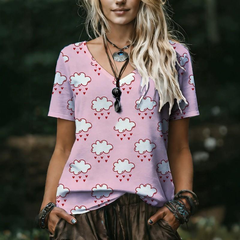 Womens V-Neck Short Sleeve Loose Fit T-Shirt With Floral Lake Scene Cartoon Bun Girl Print 2025 Casual Top