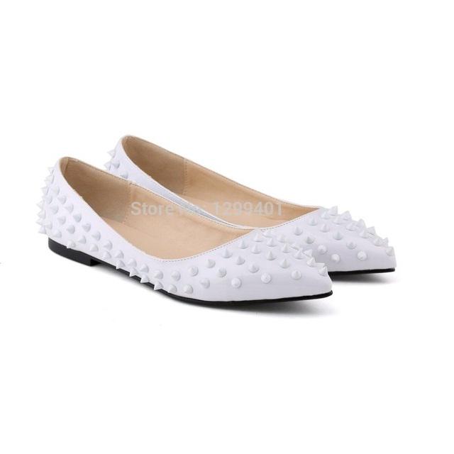 

Womens Ladies Luxury Sexy Pointed Toe Faux Leather Patent Flats Dolly Ballet Rivets Court Shoes 35 белый
