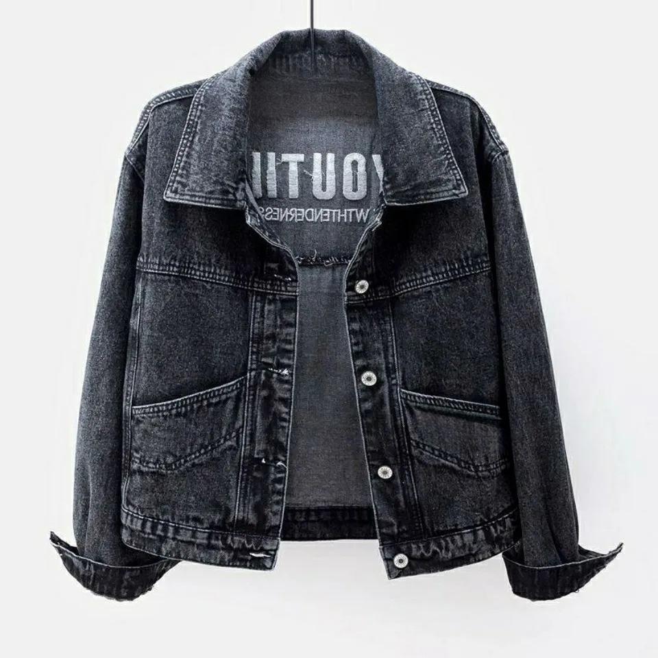 

Вышитое джинсовое пальто с длинным рукавом, модные топы больших размеров, универсальные, в западном стиле, для похудения, повседневные женские S (37.50 Kg-45.00 kg чёрный