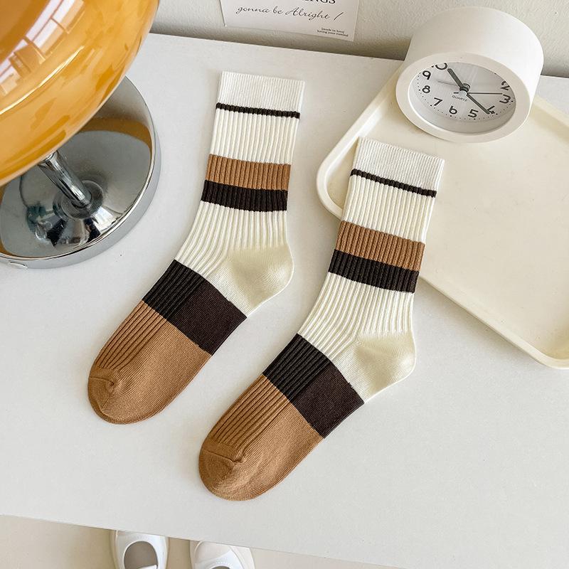 Female Spring and Autumn Pure Color Cotton Striped Embroidered Small Flower Boneless Long Tube Stack Socks