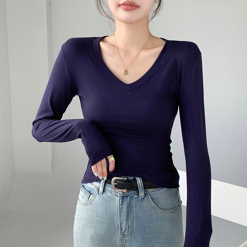 55 Love Collar Bottoming Shirt Inside and Outside, Design Sense White T-shirt Front Shoulder V-neck Autumn New