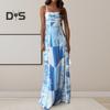Women Vacation Dress Printed Patchwork Low-cut Square Neck Backless Sleeveless A-line Full Length Beach Maxi Dress Summer Strappy Dress