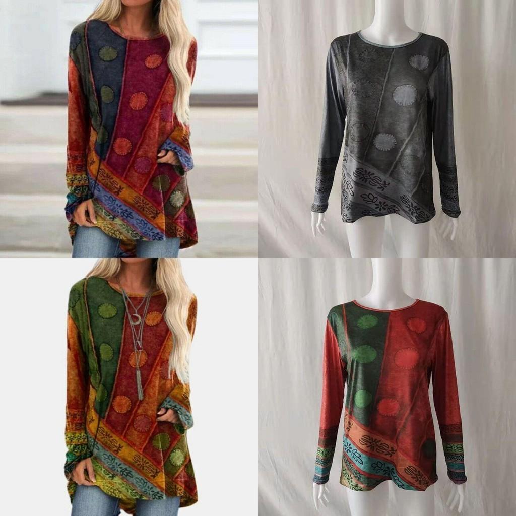 Plus Size Womens Hippie Boho Long Sleeve Tops With Soft Material And Floral Pattern