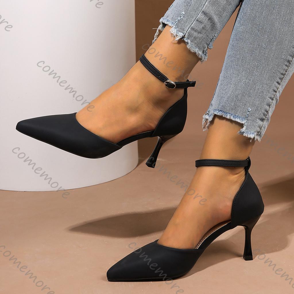 Fashion Comemore Women Pumps Sexy Shallow Mouth Hollow Pointed Toe High Heels for Women Solid Color Ankle Buckle Party Dress Heels Women