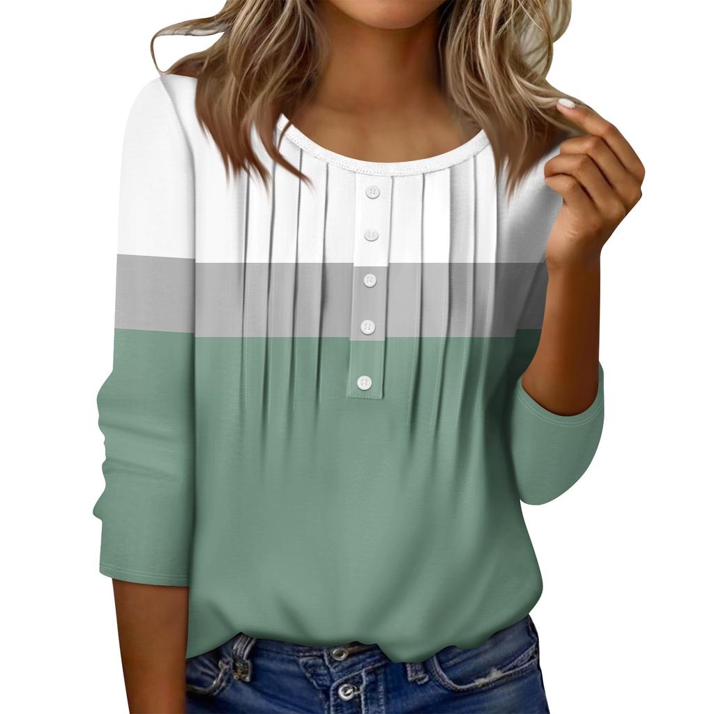 Women's Round Neck Pull Stripe Decorative Button Top Casual Solid Color 3/4 Sleeve T Shirt