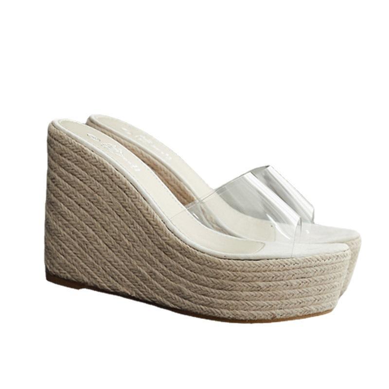 Fashion Women's New Style Hemp Rope Straw High Heel Sandals Wedge Heel Shoes Summer Thick Bottom Transparent