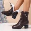 Winter Warm Plush Ankle Boots Women Fashion Crystal Chunky High Heels Booties Women Zipper Lace Up Faux Leather Botas Mujer