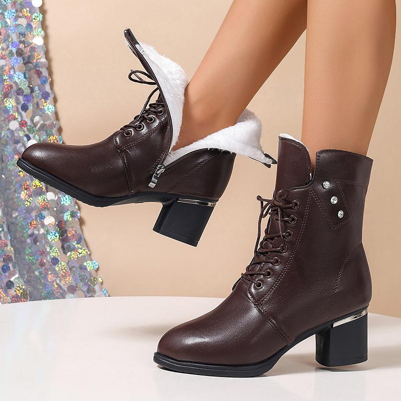 Winter Warm Plush Ankle Boots Women Fashion Crystal Chunky High Heels Booties Women Zipper Lace Up Faux Leather Botas Mujer