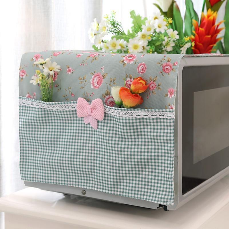 Pastoral Style Floral Plaid Prined Microwave Oven Fridge Thicken Dustproof Cover with Storage Bag
