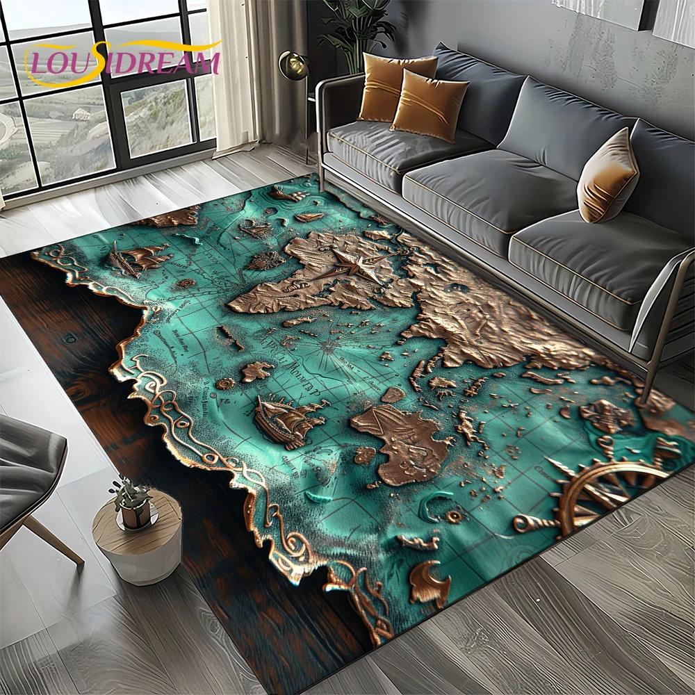 2025 Retro Ancient Nautical Chart Kraft World Map Compass Carpet Rug for Living Room Bedroom Sofa Decoration,Non-slip Floor Mat