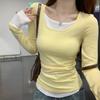 11 Modal, Autumn and Winter Thin New Contrasting Colors Fake Two-piece Slim-fit Crew Neck Versatile Inner Women
