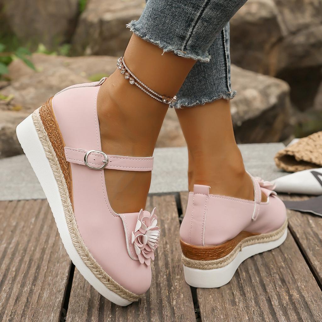 Fashion Plus Size Shoes for Women Autumn 2025 Fashion Platform Wedges Buckle Strap Flats Shoes Zapatos De Mujer with Flower Footwear