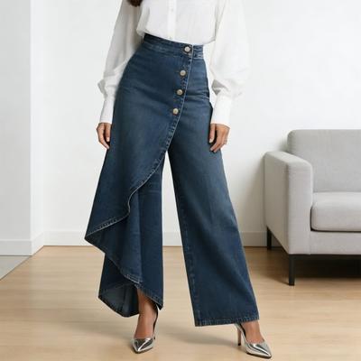 Flowy Jeans for Women High Waisted Asymmetrical Wrap Denim Pants Button Up Wide Leg Splicing Summer Ruffle Jeans