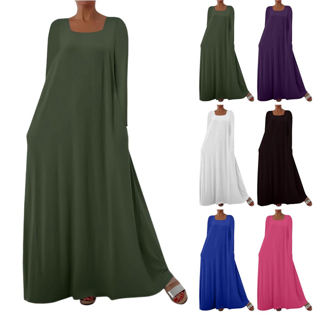 Dámske módne jednofarebné šaty s dlhým rukávom, so štvorcovým výstrihom, ležérneho voľného strihu, pulóvrové, dlhé