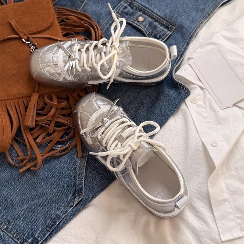 Silver Retro German Training Shoes Women's 2025 New Versatile Lace-up Lightweight Soft Sole Non-slip Casual Sports Forrest Gump Shoes