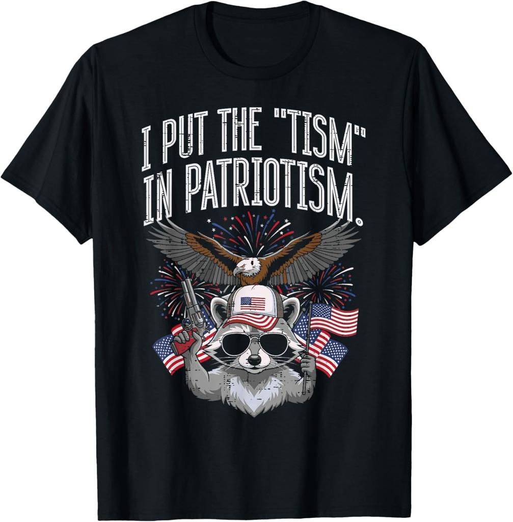 I Put The Tism In Patriotism Raccoon Funny Graphic Print Round Neck Cotton T Shirt Casual Tops