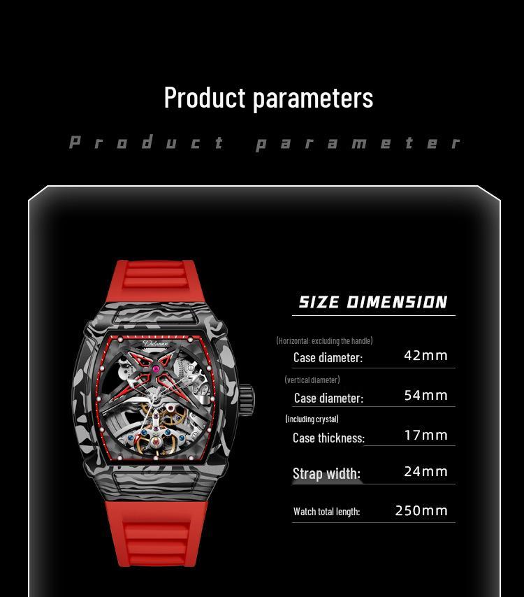 Durham Yao Men's Waterproof Mechanical Watch - Tonneau-Shaped Alloy Case with Carbon Fiber Design and Skeleton Dial