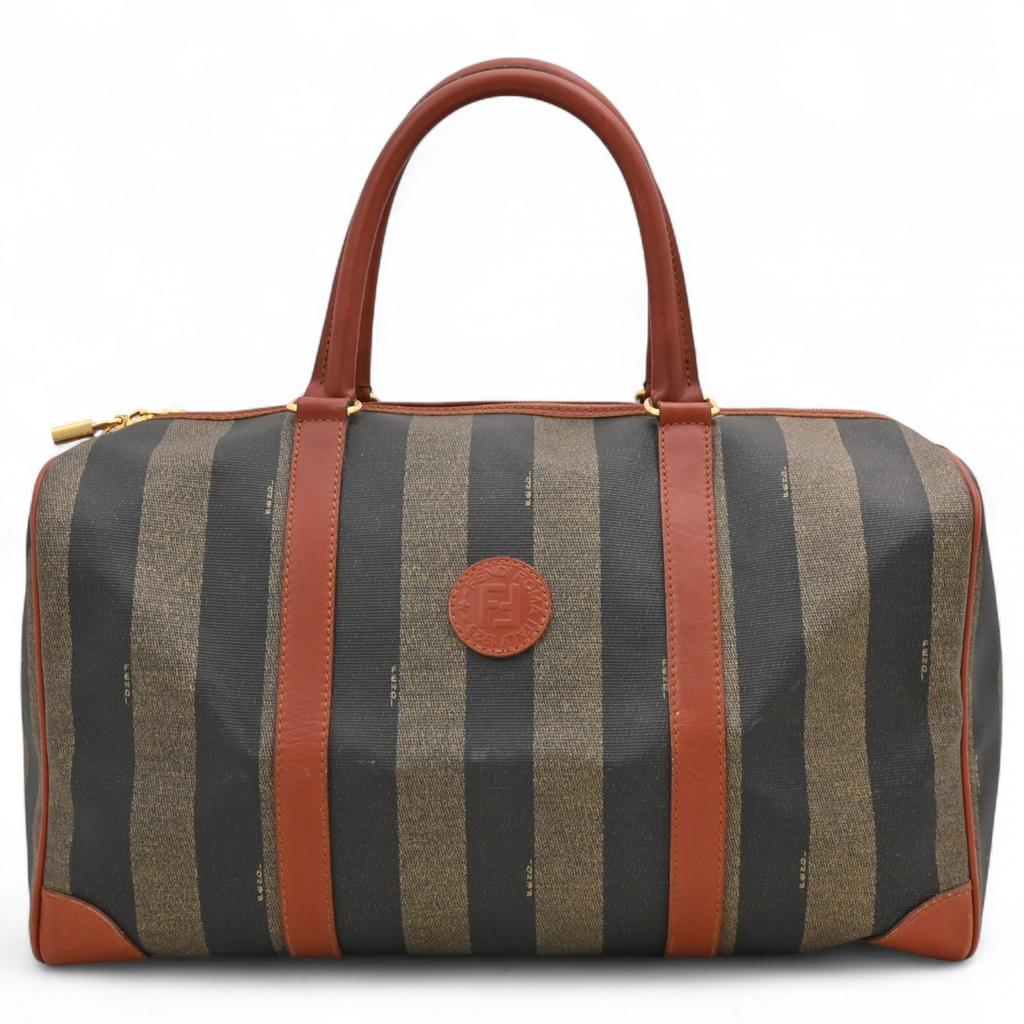 Autentyczna torba Boston w paski Pecan FENDI Brązowa skóra PVC Damska fe5617cc