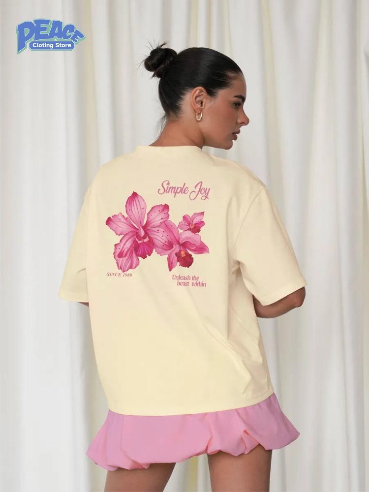Lovely Moth Orchid Printed T-shirt 100% Cotton T-shirt Women's Clothing Summer Fashion Lovely Casual Comfy Short Sleeve Top Y2K