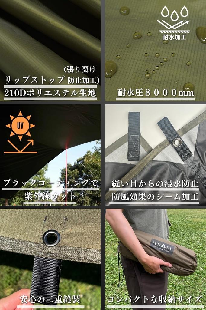 LUHANA Square Water Resistant Black or Silver 19 4mx4m 3mx3m 4mx3m Black Tarp, Flame-Retardant Polyester, (8000mm), Coating, Loops, Lightweight, /