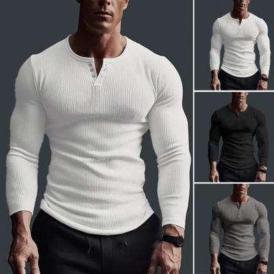 Herren Frühling Herbst T-Shirt Top Knopf V-Ausschnitt Langarm Einfarbig Atmungsaktiv Top Fitness T-Shirts Kleidung