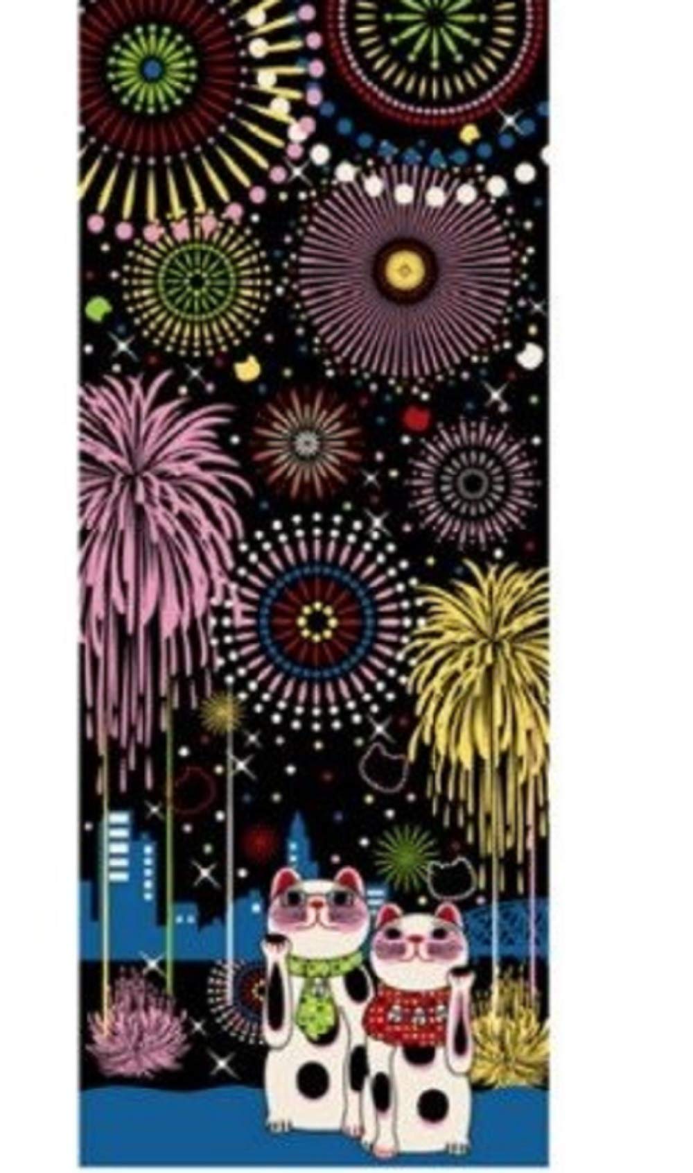 Yagisei Lucky Cat Series Printed Tenugui Hand Summer Tradition Lucky Charm Made in Japan (Japanese Towel) Fireworks