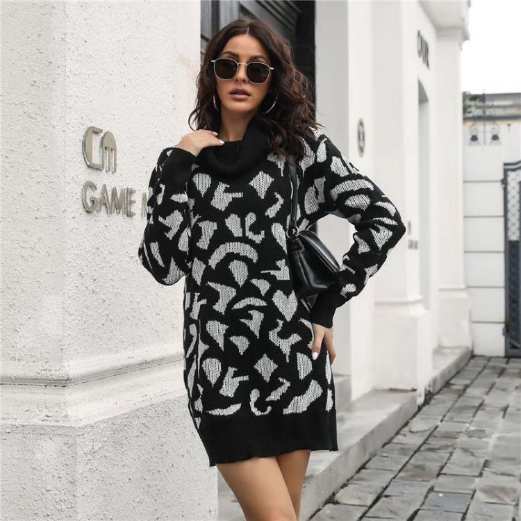 

Knit Women Casual Loose Waist Above Knee Leopard Print Full Sleeve Straight Collar Mini Sweater Fall Spring Dress S-L S чёрный