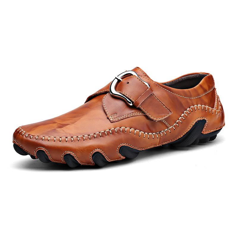 Fashion Fashion Metal Buckle Genuine Leather Loafers Men Brand Luxury Shoes Brown Moccasin Mens Flat Non-Slip Driving Shoes Slip-On Shoe